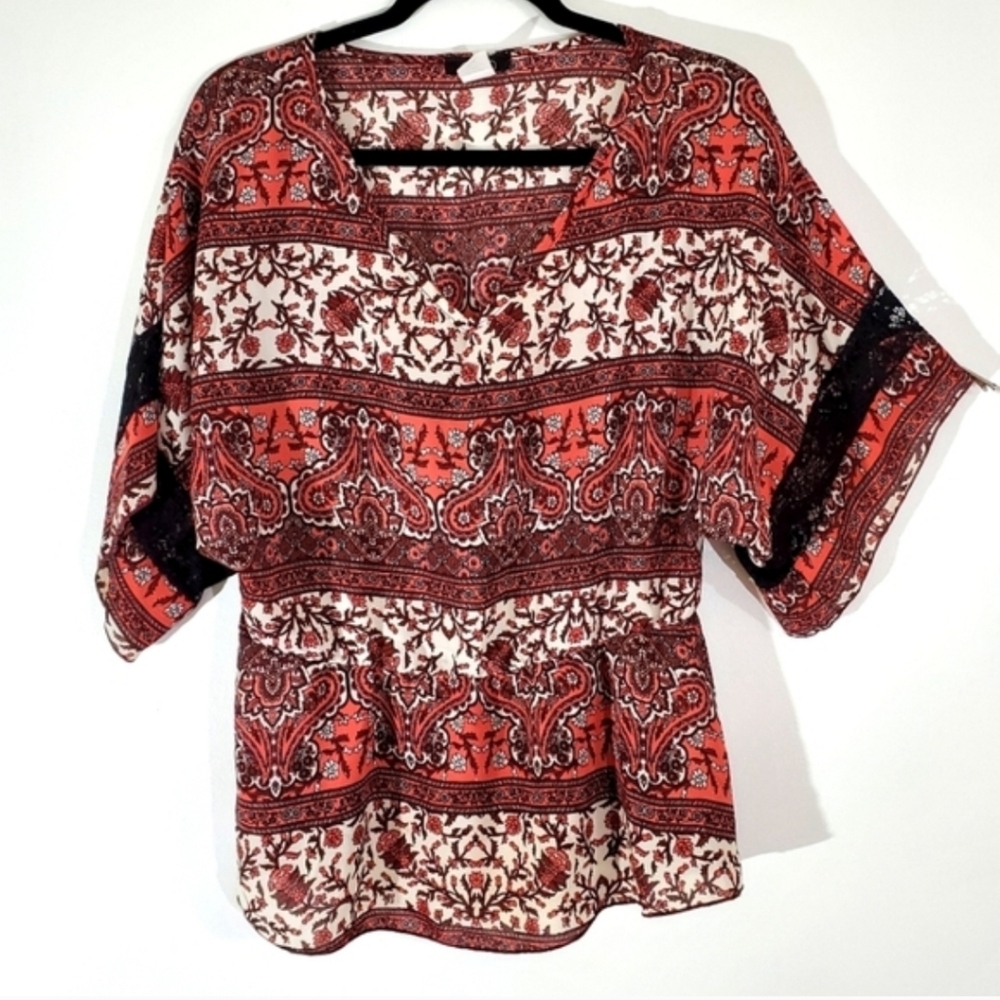 BOHO Women's Red and Black Paisley Top